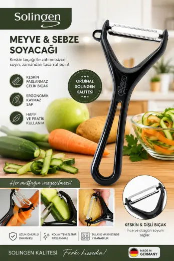 Solingen Meyve Sebze Soyacağı Paslanmaz Çelik Profesyonel Soyacak Siyah