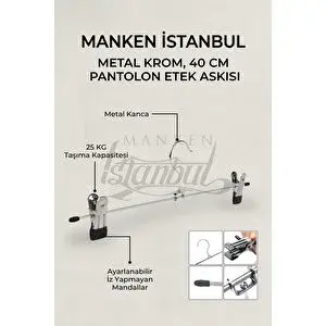 Manken İstanbul 20 Adet Paslanmaz 40 Cm Hareketli Mandallı Metal Etek Askısı Pantolon Askısı Gardırop Askısı