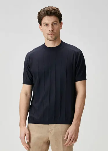 Mavi Çizgi Dokulu İpek T-shirt