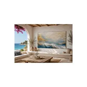 Mgi Design Soyut Deniz Kanvas Tablo – Altın Detaylı Okyanus Manzarası Duvar Tablosu – Mavi Bej Modern Salon, Villa Ve Yazlık Ev Dekoru | Modern Duvar Dekoru | Salon, Yatak Odası Ve Ofis İçin | Sanatsal Ev Dekora 100x140 cm
