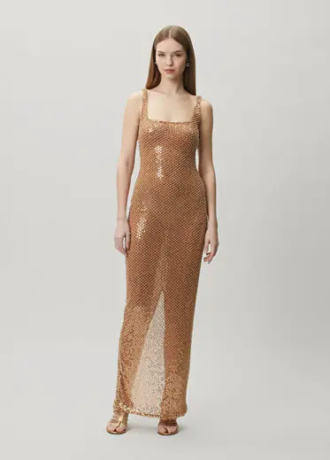 Nude İşlemeli Maksi Abiye Elbise