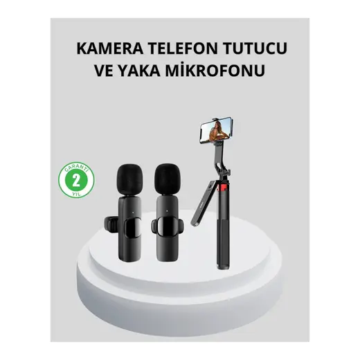 Kablosuz Çift Yaka Mikrofonlu Tripodlu Selfie Çubuğu İçerik Üretici Seti