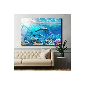 Mgi Design Yunus Balıkları Cam Duvar Dekoru ,kırılmaz Temperli Cam Üzeri Solmaz Baskı | Deniz Temalı Dekoratif Cam Tablo, Salon, Ofis Ve Yazlık Dekoru, 120x80 cm