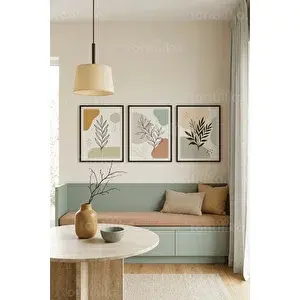Tontilika Modern Soyut Botanik Yapraklı 3’lü Ahşap Çerçeveli Tablo Seti 30x42 cm