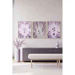 Tontilika Lavanta Botanik Desenli 3’lü Ahşap Çerçeveli Tablo Seti 30x42 cm