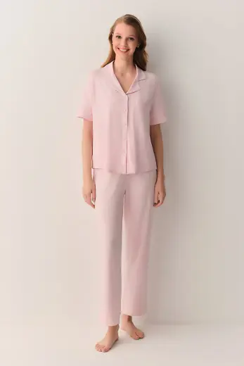 Pembe Misty Gömlek Yaka Pijama Takımı