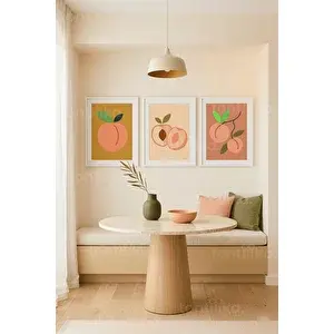 Tontilika Şeftali Temalı Sakin Köşe 3’lü Ahşap Çerçeveli Tablo Seti 50 x 70 cm
