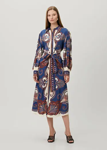 Arabesque Scarf Mavi Midi Elbise