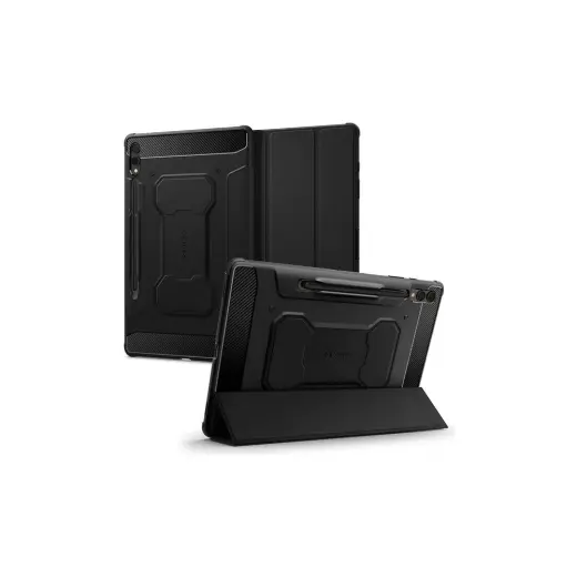 Spigen Galaxy Tab S10 Plus / S9 Plus ile Uyumlu Kılıf Rugged Armor Pro Stand özellikli Üst Düzey Koruma Siyah Karbon Kapak - ACS06539 (Spigen TR Garantili)