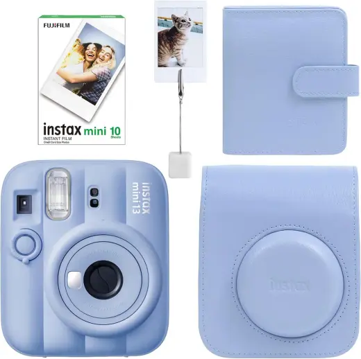 Instax Mini 13 Fotoğraf Makinesi Deri Çanta Albüm Kıskaç ve 10'lu Film Hediye Seti (Mavi)