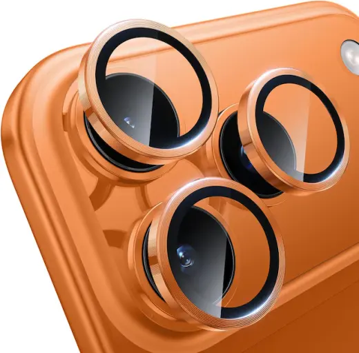 Apple Uyumlu iPhone 17 Pro Max / 17 Pro Kozmik Turuncu Metal Çerçeveli Cam Kamera Lens Koruyucu Metal Aparatlı