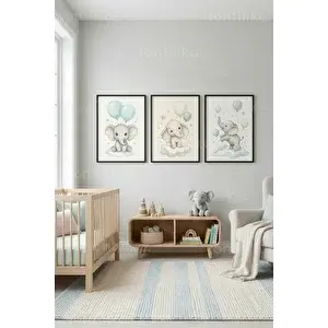 Tontilika Sevimli Balonlu Filler Bebek Odası 3’lü Ahşap Çerçeveli Tablo Seti 21x30 cm