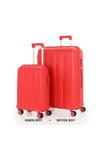Bavul Büyük ve Kabin 2li Set Kırılmaz Silikon Valiz V305 Kırmızı
