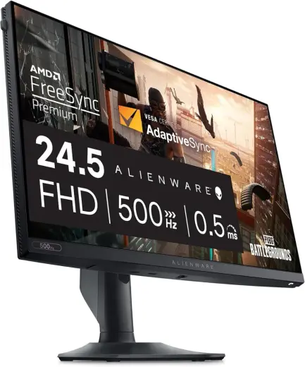 Alienware AW2524HF Oyun Monitörü - 24,5" (1920x1080) 500Hz (Overclock) 0,5ms Ekran, Yükseklik/Eğme/Döndürme/Pivot Ayarlanabilirliği, 3 yıl Gelişmiş Değişim - Siyah | 400 Nit Parlaklık, %99 sRGB, Parlama Önleyici, VESA 100x100 mm, USB Hub, Entegre Kablo Yönetimi, Ayarlanabilir Stand