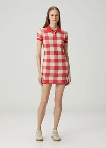 Gingham Kırmızı Mini İpek Polo Elbise