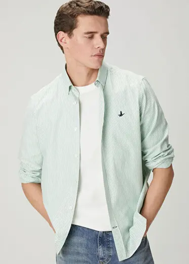 Beyaz Yeşil Comfort Fit Çizgili Oxford Gömlek