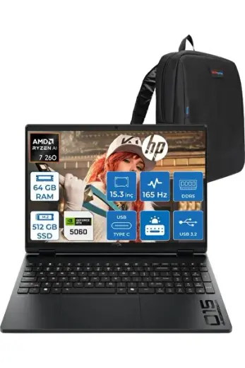 Hyperx Omen 15-GB0004NT Amd Ryzen 7 260 64GB Ddr5 512GB SSD Geforce RTX5060 8gb Freedos 15.3" Wuxga (1920X1200) IPS 300NITS 165Hz Oyuncu Bilgisayarı HOD2QV9EAF31 + Zetta Çanta
