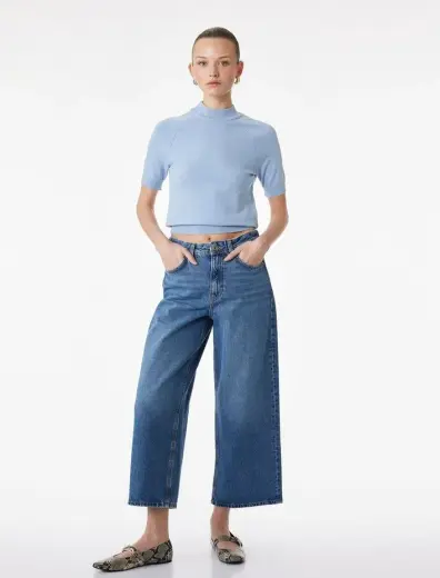 Kısa Geniş Paça Pamuklu Regular Fit Denim Pantolon - Crop Wide Leg Jeans