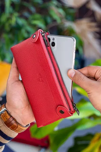 Roosevelt Hakiki Deri Telefon Bölmeli El Saplı Unisex Portföy Cüzdan Gül Kurusu
