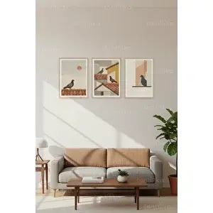 Tontilika Minimalist Çatı Güvercinleri 3’lü Ahşap Çerçeveli Tablo Seti 30x42 cm