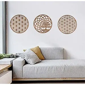 Şirin Lazer Yaşam Çiçeği Hayat Ağacı Ahşap Mdf 3 Lü Tablo Duvar Dekoru