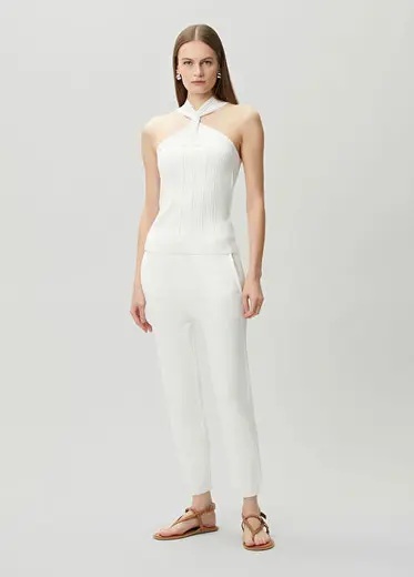 Beyaz Beli Kordonlu Triko Pantolon