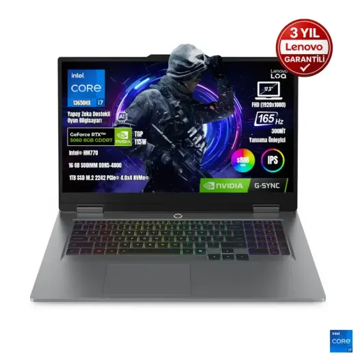 Lenovo LOQ 17IRX10 83JH00CNTR i7-13650HX 16 GB DDR5 1 TB SSD RTX5060 8 GB GP 115W 17.3" IPS 165Hz FreeDos Taşınabilir Bilgisayar