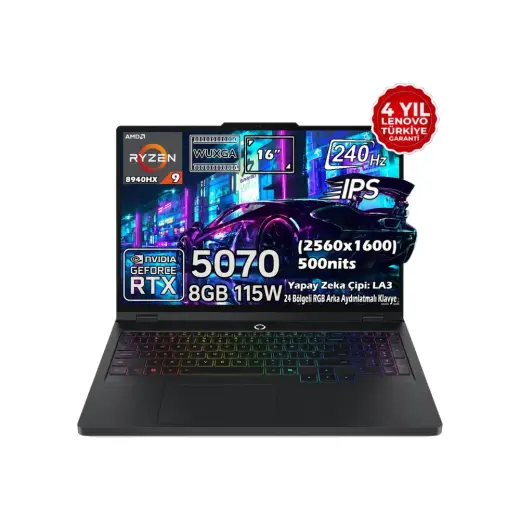 Lenovo Legion Pro 5 16ADR10 Amd Ryzen 9 8940HX 32GB 2tb SSD Rtx 5070 8gb 16" Wqxga (2560X1600) IPS Panel 240Hz 115W Windows 11 Pro