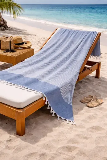 Lunga Vita Hürrem %100 Pamuk Peştemal 90x170 Büyük Ebatlı Plaj Havlusu Banyo Peştemali Lacivert