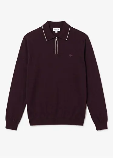 Bordo Yün Regular Fit Yarım Fermuarlı Erkek Kazak