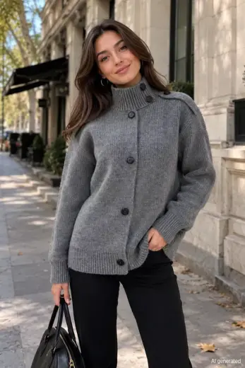 Yumoş Örgü Düğme Detaylı Triko Hırka