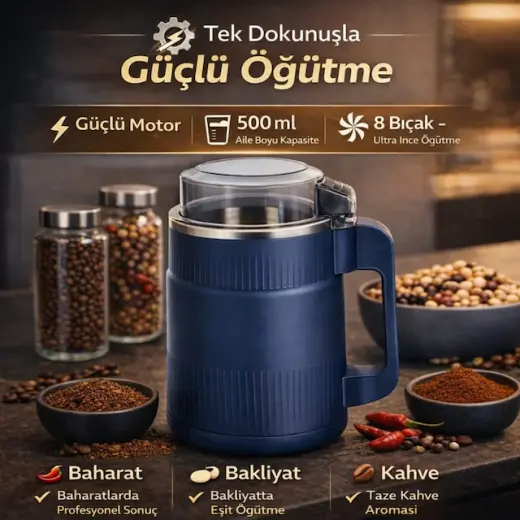 Polham Süper Güçlü Motor 500 Ml Paslanmaz Çelik 8 Bıçaklı Kompakt Baharat, Bakliyat Ve Kahve Öğütücü Mavi