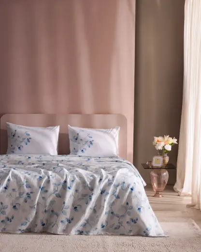 Rumilly Tek Kişilik %100 Pamuk Karde Baskılı Pike Takımı - Mavi