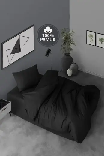 Ranforce Tek Kişilik Lastikli Çarşaflı Nevresim Takımı Simple Siyah