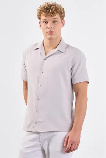 Erkek Regular Fit Apaç Yaka Kısa Kol Bej Gömlek