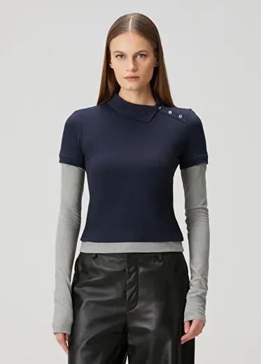 Lacivert Gri Uzun Kol Polo T-shirt