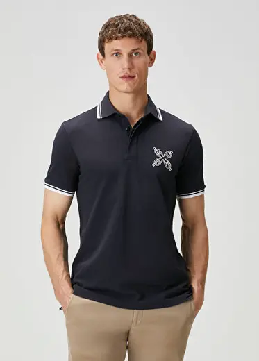 Lacivert Polo Yaka Baskılı T-shirt