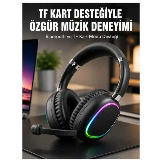 RGB Aydınlatmalı Mikrofonlu Bluetooth Kablosuz Kulak Üstü Kulaklık