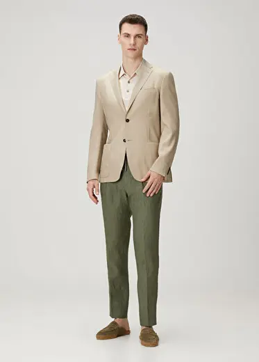 Regular Fit Yeşil Beli Kordonlu Keten Pantolon