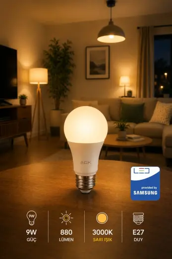 Aryes 9W E27 LED Ampul 3000K Sarı Işık 880 Lümen Tasarruflu