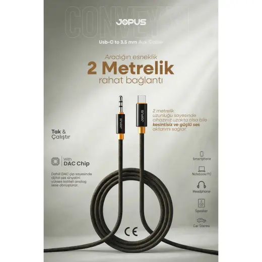 Jopus iPhone Android Uyumlu - Type-C To 3.5 mm Aux Ses Kablosu - Tak Çalıştır Aux Örgülü - 2 Metre Ja-12