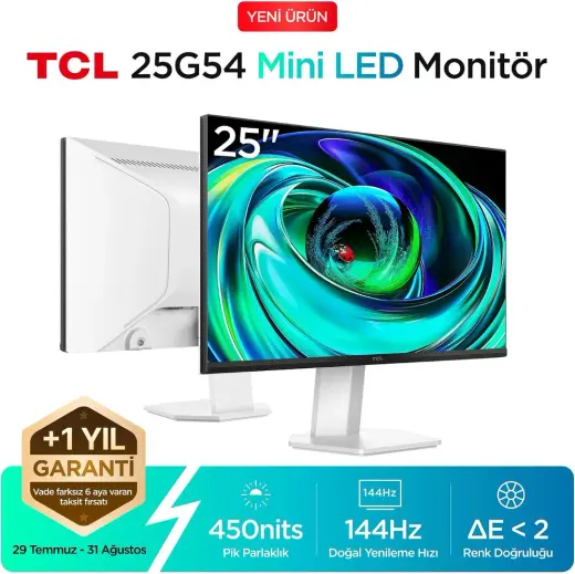 TCL 25G54 Ofis ve Çalışma Monitörü 24.5" 144Hz FHD Mini LED IPS Panel Ev, Okul ve İş Ekranı (HDMI+VGA, 84 Bölge, 450 Nits)