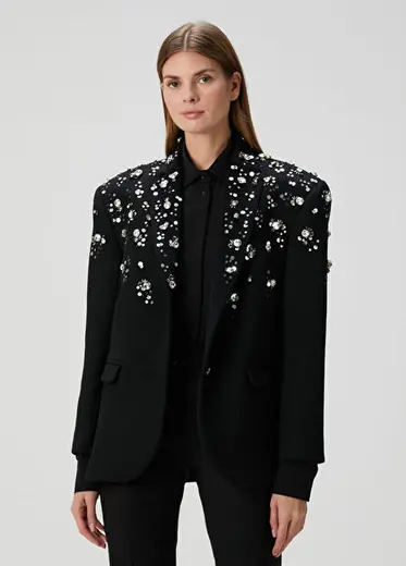 Siyah Kaşmir Boncuk İşlemeli Kadın Oversize Ceket