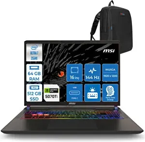 MSI Vector 16 Hx Aı Ultra 7 255HX Aı 64 GB RAM 512 GB SSD 12 GB RTX 5070 Ti W11Pro 16 inç FHD+ 091XTRP17 - Zetta Çanta