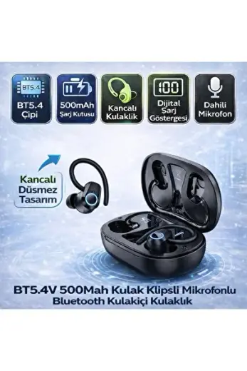 BT5.4 Kancalı Mikrofonlu Bluetooth Kulaklık 500mAh Şarj Kutulu Dijital Göstergeli Spor Kulaklık