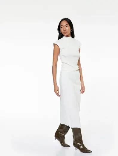 Slim Fit Midi Nervür Detaylı Kalem Etek
