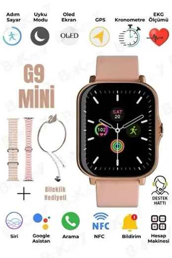 Yok G9 Mini 3 Kordonlu Bileklik Hediyeli Kadın Akıllı Saat Kadınlar Günü Hediye Pembe Watch 8 9 Pem