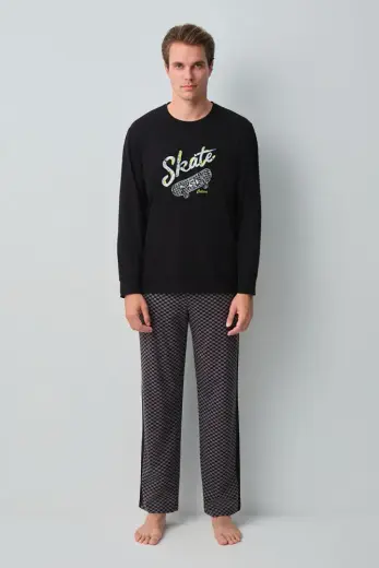 Koyu Gri Baskılı Skate Erkek Pamuklu Pijama Takımı