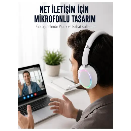 Renas Store Bluetooth 5.0 Beyaz Kulak Üstü Kablosuz Kulaklık Mikrofonlu Rgb Aydınlatmalı
