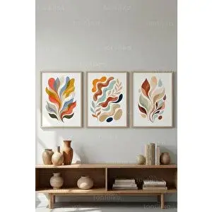 Tontilika Modern Soyut Bitkisel Desenler 3’lü Ahşap Çerçeveli Tablo Seti 21x30 cm